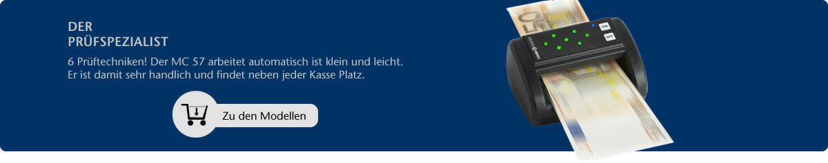 Der Banknotentester MC 57 prüft Banknoten mit verschiedenen Prüfkriterien. Das neue Prüfgerät ist klein und leicht. Es ist damit sehr handlich und ndet neben jeder Kasse Platz.