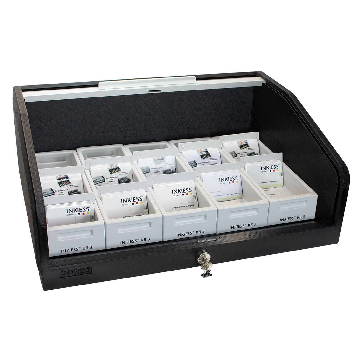 Schwarze Kassenlade mit wei&szlig;en F&auml;chern, verschlie&szlig;bar.