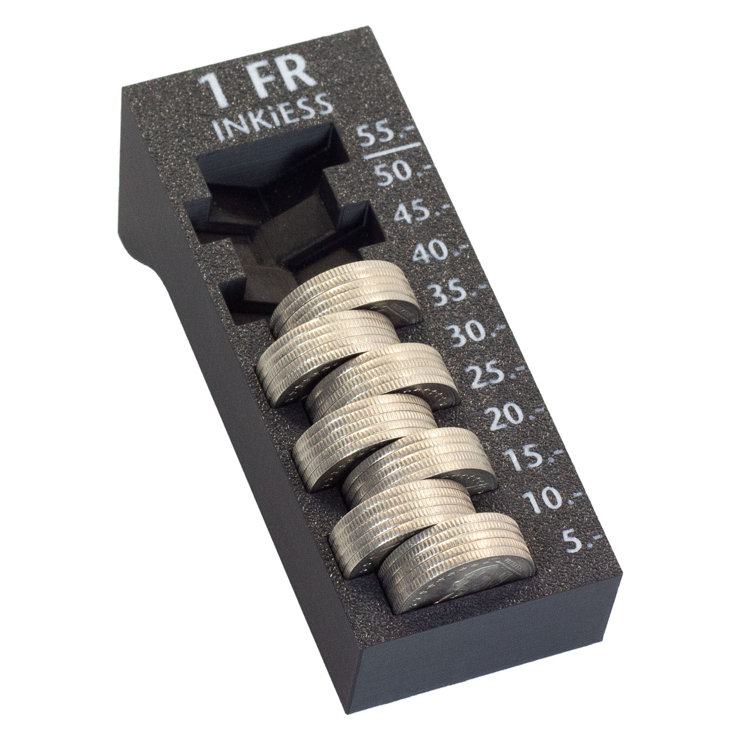 M&uuml;nzhalter mit Schweizer Franken M&uuml;nzen gestapelt