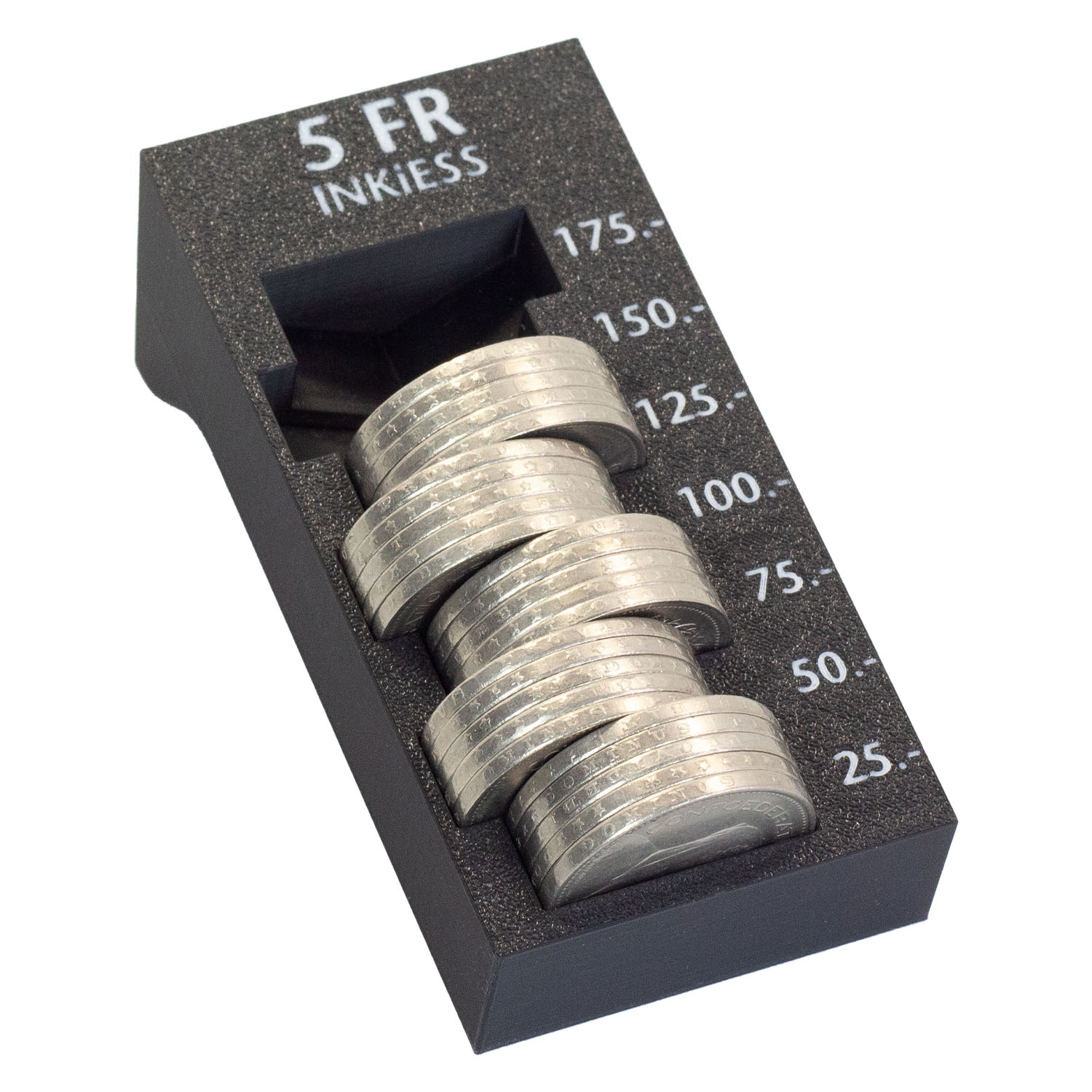 M&uuml;nzhalter mit gestapelten 5 Franken M&uuml;nzen.