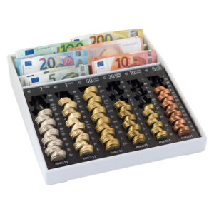 Euro Münz- und Geldschein-Zählbrett in Kassenschublade.