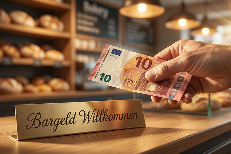 Bäckerei akzeptiert Bargeld, 10-Euro-Schein in Hand