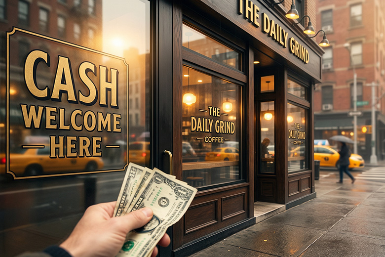 Café mit Bargeld willkommen Schild, gelbe Taxis vorbeifahrend.